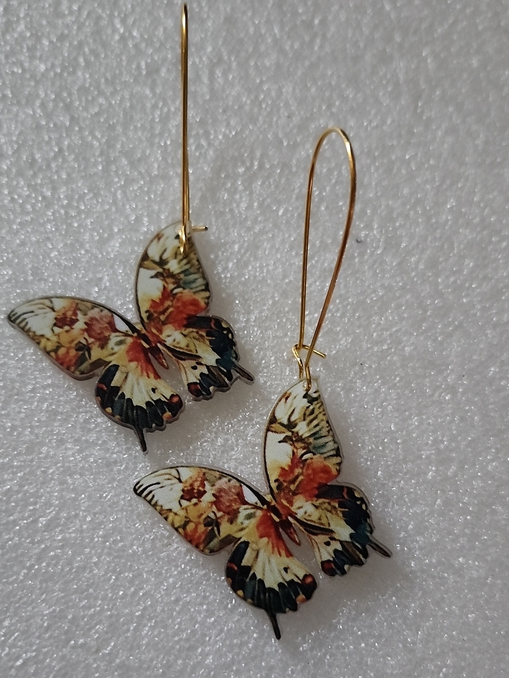 Hand Crafted Butterfly Earrings in White, Gold, Orange, Black